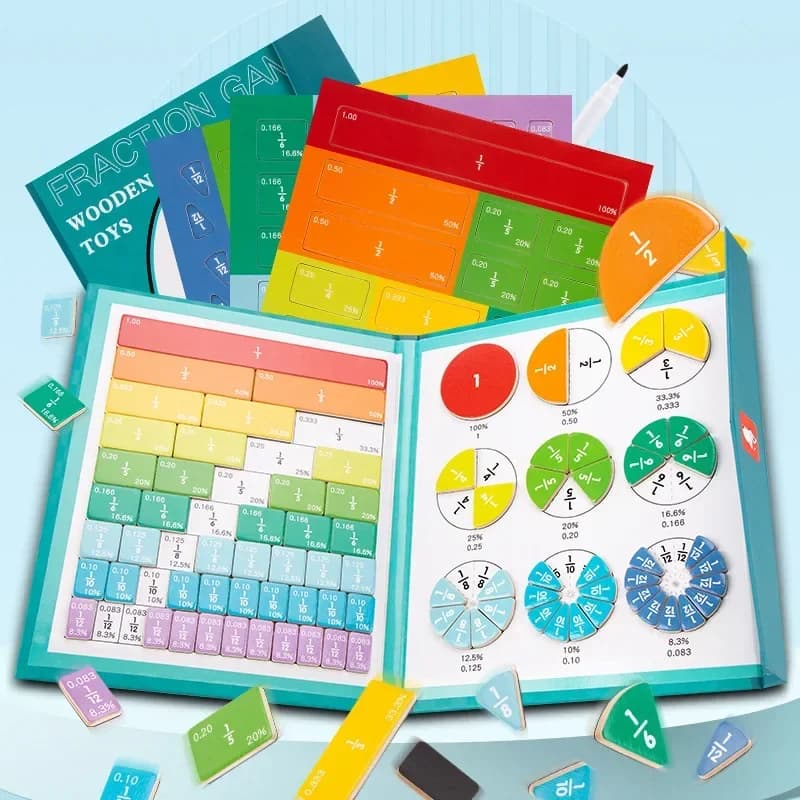 Magnetyczna zabawka Montessori do nauki ułamków – drewniana książka edukacyjna, pomoce dydaktyczne do nauki arytmetyki, zabawka edukacyjna dla dzieci.