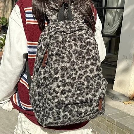 Plecak damski w stylu vintage z pluszowym wzorem w panterkę o dużej pojemności, plecak szkolny, casualowy dla uczennic i studentek.
