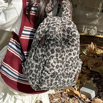 Plecak damski w stylu vintage z pluszowym wzorem w panterkę o dużej pojemności, plecak szkolny, casualowy dla uczennic i studentek.