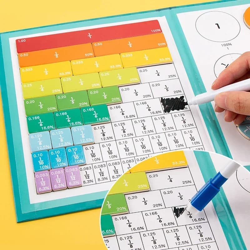 Magnetyczna zabawka Montessori do nauki ułamków – drewniana książka edukacyjna, pomoce dydaktyczne do nauki arytmetyki, zabawka edukacyjna dla dzieci.