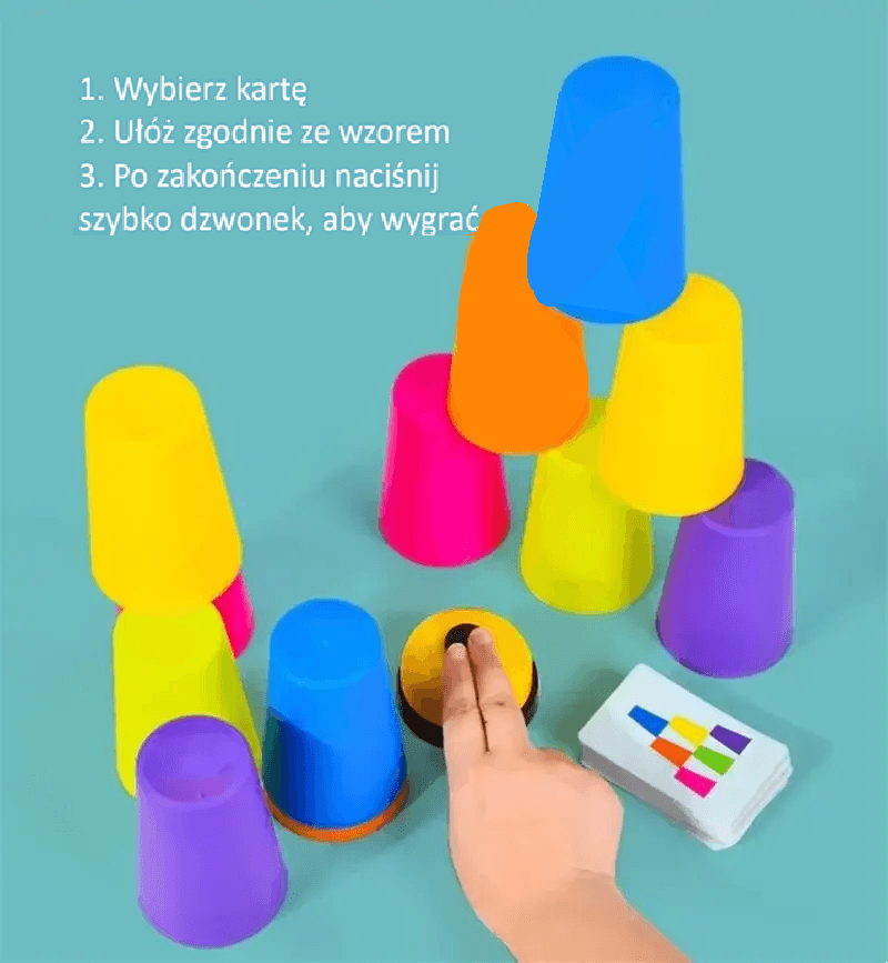Zabawka Montessori – gra w układanie kubeczków z kartami edukacyjnymi, rozwijająca zdolności intelektualne, poznawanie kolorów oraz logiczne myślenie u dzieci.