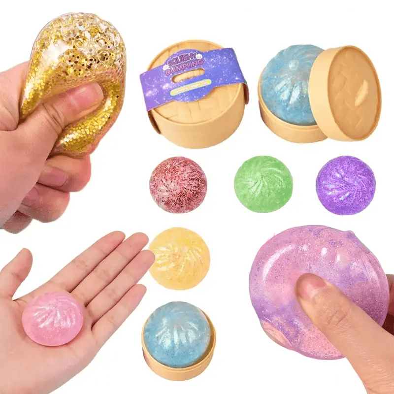 Mini gniotek „pieróg” – realistyczna bułeczka, sensoryczna zabawka typu fidget z kolorowym brokatem, antystresowa kulka w formie bułki na parze, mała zabawka do ściskania.