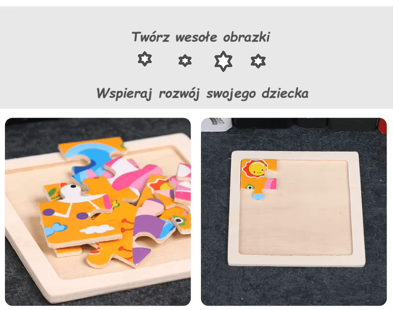 Drewniana układanka 3D z postaciami zwierząt z kreskówek. Zabawka edukacyjna dla dzieci wspierająca wczesną naukę